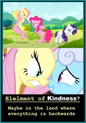 Size: 750x1064 | Tagged: safe, edit, edited screencap, screencap, fluttershy, linky, pinkie pie, rarity, shoeshine, g4, putting your hoof down, bipedal, boop, motivational poster, noseboop, op is trying to start shit, the land where everything is backwards