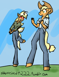 Size: 502x657 | Tagged: safe, artist:short circuit, applejack, trenderhoof, anthro, unguligrade anthro, g4, simple ways, applejack (male), female, male, rule 63, shipping, straight, teasing, trend setter, trenderjack