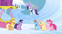 Size: 500x281 | Tagged: safe, screencap, applejack, fluttershy, pinkie pie, rainbow dash, rarity, twilight sparkle, earth pony, pegasus, pony, unicorn, g4, sonic rainboom (episode), animated, balloon, butterfly wings, cloudsdale, female, glimmer wings, hot air balloon, mane six, twinkling balloon, unicorn twilight, wings