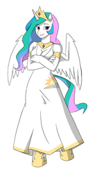 Size: 1000x1753 | Tagged: safe, artist:thecreator9, princess celestia, anthro, g4, cleavage, clothes, crossed arms, dress, female, looking at you, simple background, smiling, solo, spread wings
