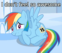 Size: 500x429 | Tagged: safe, edit, edited screencap, screencap, rainbow dash, g4, sonic rainboom (episode), 15, animated, caption, cowering, female, friends are awesome, gif with captions, heartwarming, image macro, meme, scaredy dash, solo
