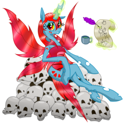Size: 2000x2000 | Tagged: safe, artist:shark-sheep, oc, oc only, oc:princess nympha, changeling, cup, high res, pen, quill, red changeling, simple background, sitting, skull, solo, telekinesis, transparent background, vector