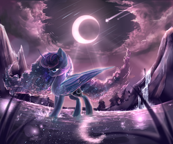 Size: 3000x2500 | Tagged: safe, artist:aquagalaxy, princess luna, cloud, crepuscular rays, crescent moon, ear fluff, ethereal mane, female, galaxy mane, meteor shower, moon, night, scenery, shooting star, sky, solo, starry mane, stars, water, waterfall