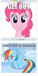 Size: 271x543 | Tagged: safe, pinkie pie, rainbow dash, derpibooru, g4, exploitable meme, get out, juxtaposition, juxtaposition win, meme, meta, text