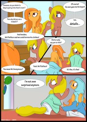 Size: 2976x4210 | Tagged: safe, artist:wonkysole, oc, oc only, oc:anon, oc:cinnamon swirl, oc:sunny skyes, earth pony, pony, legends of equestria, awkward, awkward moment, briefs, caught, clothes, comic, cute, diabetes, dialogue, door, dressing, female, funny, mare, misspelling, tail hole, tail through underwear, tighty whities, underwear