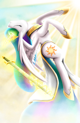 Size: 3300x5100 | Tagged: dead source, safe, artist:spiritofthwwolf, princess celestia, alicorn, pony, g4, crepuscular rays, eyes closed, female, flying, magic, solo, sun, sword, telekinesis, warrior celestia, weapon