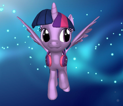 Size: 649x560 | Tagged: safe, twilight sparkle, alicorn, pony, ponylumen, g4, 3d, 3d pony creator, adorkable, cute, dork, female, headphones, mare, raised hoof, smiling, solo, spread wings, twiabetes, twilight sparkle (alicorn)