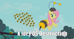 Size: 1899x1002 | Tagged: safe, edit, edited screencap, screencap, fluttershy, pegasus, pony, g4, it ain't easy being breezies, animal costume, bee costume, caption, clothes, costume, dabigredboat, eve online, female, flutterbee, goon, goonswarm, mare, text