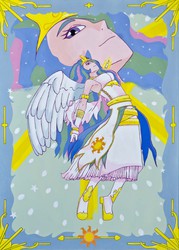 Size: 1000x1398 | Tagged: safe, artist:mornincloud, princess celestia, human, g4, female, humanized, solo, traditional art, winged humanization