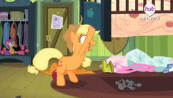 Size: 1219x687 | Tagged: safe, screencap, applejack, scootaloo, smarty pants, g4, my little pony: friendship is magic, somepony to watch over me, exploitable meme, hub logo, meme, under the bed