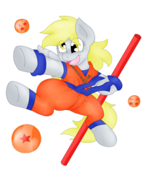 Size: 1700x2000 | Tagged: safe, artist:blackbewhite2k7, derpy hooves, g4, anime, crossover, dragon ball, dragon ball (object), female, filly, nyoi-bo, simple background, solo, son goku, transparent background, vector