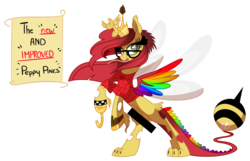Size: 1114x717 | Tagged: safe, artist:pepooni, oc, oc only, oc:peppy pines, alicorn, bee, changeling, draconequus, pony, alicorn oc, censor bar, colored wings, forked tongue, glasses, holes, multicolored wings, rainbow wings, simple background, solo, transparent background, vector