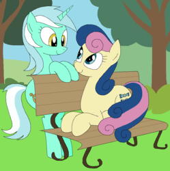 Size: 858x860 | Tagged: safe, artist:hyolark, bon bon, lyra heartstrings, sweetie drops, earth pony, pony, unicorn, g4, bench, female, lesbian, ms paint, ship:lyrabon, shipping