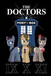 Size: 488x720 | Tagged: safe, artist:hezaa, doctor whooves, eleventh hour, time turner, earth pony, pony, g4, doctor who, eleventh doctor, fez, hat, ninth doctor, self ponidox, sonic screwdriver, tardis, tenth doctor, the doctor, timelord ponidox, trio, trio male