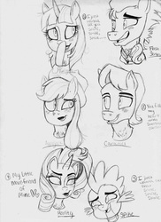 Size: 932x1280 | Tagged: safe, artist:teb2012, applejack, caramel, flash sentry, rarity, spike, twilight sparkle, g4, female, lipstick, makeup, male, mascara, monochrome, ship:carajack, ship:flashlight, ship:sparity, shipping, straight, traditional art