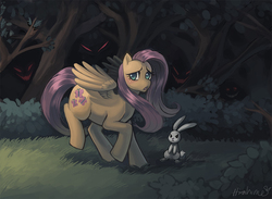 Size: 1123x821 | Tagged: safe, artist:hirahime, angel bunny, fluttershy, g4, dark, everfree forest, forest