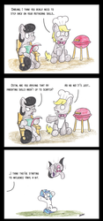 Size: 2480x5315 | Tagged: safe, artist:bobthedalek, dj pon-3, octavia melody, vinyl scratch, oc, oc:mixed melody, oc:octavia's father, oc:octavia's mother, oc:ostinato melody, earth pony, pony, unicorn, g4, apron, barbeque, chair, chef's hat, clothes, comic, female, hat, male, playing, throwing, traditional art