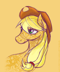 Size: 500x600 | Tagged: safe, artist:pakuromi, applejack, g4, bust, female, looking back, simple background, solo