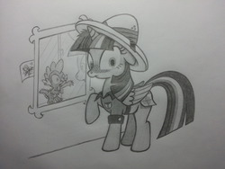 Size: 2048x1536 | Tagged: safe, artist:lockerobster, daring do, spike, twilight sparkle, alicorn, pony, g4, clothes, cosplay, costume, female, hat, mare, mirror, monochrome, traditional art, twilight sparkle (alicorn)