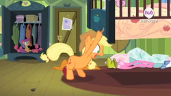 Size: 879x494 | Tagged: safe, applejack, scootaloo, g4, my little pony: friendship is magic, somepony to watch over me, earth pony strength, exploitable, exploitable meme, hub logo, meme, under the bed