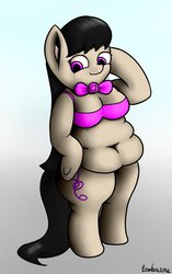 Size: 708x1129 | Tagged: dead source, safe, artist:php33, octavia melody, earth pony, anthro, g4, arm hooves, belly, bra, clothes, fat, fatavia, female, solo, underwear, weight gain