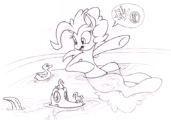 Size: 2126x1500 | Tagged: safe, artist:dfectivedvice, gummy, duck, g4, animal, bath, grayscale, lineart, monochrome, pet, pictogram, speech bubble, traditional art, water