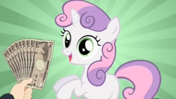 Size: 832x468 | Tagged: safe, sweetie belle, g4, female, fistful of yen, meme, money, solo, what would x do for a fistful of yen?
