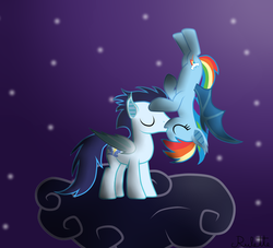 Size: 1024x931 | Tagged: safe, artist:rulette, rainbow dash, soarin', bat pony, pony, g4, cloud, female, kissing, male, night, race swap, ship:soarindash, shipping, straight, upside down