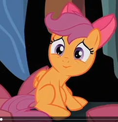 Size: 625x646 | Tagged: safe, edit, edited screencap, screencap, scootaloo, pegasus, pony, g4, somepony to watch over me, apple bloom's bow, bow, cute, cutealoo, female, filly, hair bow, low quality, sitting, solo