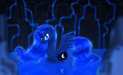 Size: 1688x1024 | Tagged: safe, artist:princesspeach5, princess luna, g4, female, pond, reflection, ripple, solo, water