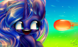 Size: 3635x2192 | Tagged: safe, artist:katputze, princess luna, g4, :d, balloon, female, fluffy, high res, o hai, open mouth, smiling, solo, this will end in tears, water balloon