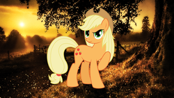 Size: 2560x1440 | Tagged: safe, artist:jennieoo, applejack, g4, female, looking at you, raised hoof, show accurate, solo, sun, tree, wallpaper