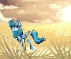 Size: 2458x2048 | Tagged: safe, artist:axioma_dice, artist:dreamcatcher, oc, oc only, pegasus, pony, female, field, high res, mare, solo, sun