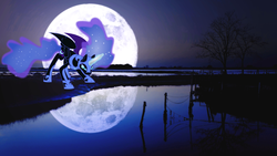 Size: 2880x1620 | Tagged: safe, artist:theshadowstone, nightmare moon, g4, angry, female, magic, moon, night, solo, wallpaper