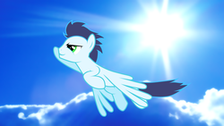 Size: 2560x1440 | Tagged: safe, artist:jennieoo, soarin', g4, male, show accurate, sky, solo, sun, wallpaper