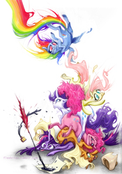 Size: 1000x1429 | Tagged: safe, artist:fleebites, applejack, fluttershy, pinkie pie, rainbow dash, rarity, twilight sparkle, g4, falling, ink, mane six, pony pile, psychedelic, quill, surreal