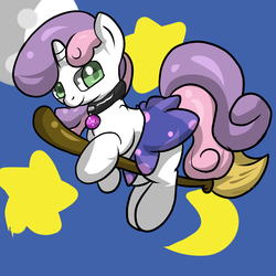 Size: 2000x2000 | Tagged: safe, artist:nimitea, artist:screwballthepirate, sweetie belle, g4, broom, clothes, collar, crescent moon, female, flying, flying broomstick, high res, looking back, moon, skirt, smiling, solo, stars