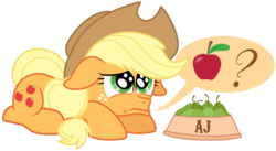 Size: 5465x3000 | Tagged: safe, artist:discorded, applejack, earth pony, pony, g4, .ai available, absurd resolution, abuse, apple, female, hat, hilarious in hindsight, jackabuse, mare, pear, pictogram, prone, puppy dog eyes, sad, simple background, solo, that pony sure does hate pears, that pony sure does love apples, transparent background, upvote bait, vector