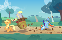 Size: 5545x3601 | Tagged: safe, artist:discorded, applejack, derpy hooves, rainbow dash, pegasus, pony, g4, absurd resolution, apple brown betty (food), cart, faceplant, falling, female, mare, muffin