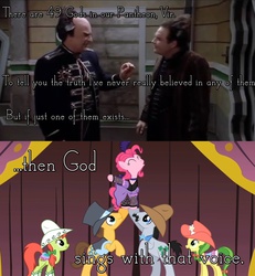 Size: 1045x1130 | Tagged: safe, edit, edited screencap, screencap, apple fritter, caramel, lucky clover, peachy sweet, pinkie pie, g4, over a barrel, apple family member, babylon 5, clothes, dress, londo mollari, londo the brony, music, quote, saloon dress, saloon pinkie, subversion, vir cotto, you gotta share