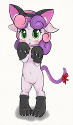 Size: 1050x1800 | Tagged: safe, artist:zokkili, sweetie belle, pony, unicorn, animal costume, bell collar, belly button, bipedal, blushing, cat bell, cat costume, clothes, collar, cute, diasweetes, female, kitty belle, paw gloves, solo