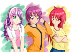 Size: 1669x1200 | Tagged: safe, artist:zantyarz, apple bloom, scootaloo, sweetie belle, human, g4, cutie mark crusaders, humanized, older, scene interpretation