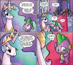 Size: 565x507 | Tagged: safe, artist:agnes garbowska, edit, idw, official comic, princess celestia, spike, alicorn, dragon, pony, g4, spoiler:comic, comic, female, implied pregnancy, male, mare, marriage proposal, royal guard, ship:spikelestia, shipping, straight, text edit