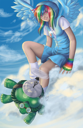 Size: 792x1224 | Tagged: safe, artist:saintprecious, rainbow dash, tank, human, g4, clothes, cloud, cloudy, female, fingerless gloves, gloves, hoodie, humanized, pet, sitting, solo, winged humanization