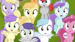 Size: 1366x768 | Tagged: safe, screencap, alula, cotton cloudy, dinky hooves, first base, liza doolots, noi, petunia, pluto, ruby pinch, sunny daze, super funk, tootsie flute, tornado bolt, train tracks (g4), earth pony, pegasus, pony, unicorn, g4, twilight time, background pony, colt, female, filly, hub logo, male, stare