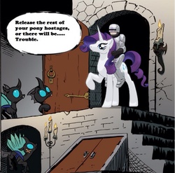 Size: 750x740 | Tagged: safe, idw, rarity, changeling, g4, exploitable meme, knock knock meme, meme, robocop