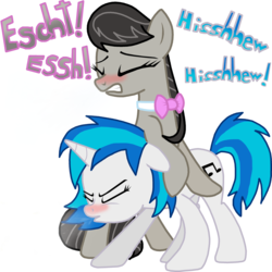 Size: 3000x3000 | Tagged: safe, artist:masterxtreme, dj pon-3, octavia melody, vinyl scratch, g4, allergies, bipedal leaning, blushing, eyes closed, fetish, floppy ears, gritted teeth, high res, mucous, red nosed, sick, sneezing, sneezing fetish, sneezing fit, spit, spray, standing