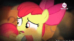 Size: 640x360 | Tagged: safe, screencap, apple bloom, g4, somepony to watch over me, animated, female, fire, fire swamp, flame geyser, hub logo, hubble, map, solo, spontaneous combustion, the hub