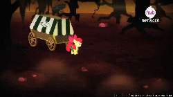 Size: 640x360 | Tagged: safe, screencap, apple bloom, g4, somepony to watch over me, animated, female, fire, fire swamp, flame geyser, hub logo, hubble, pie cart, solo, the hub