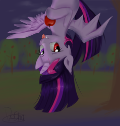 Size: 3608x3792 | Tagged: artist needed, safe, twilight sparkle, bat pony, pony, g4, apple, bat ponified, female, high res, mare, race swap, solo, twibat, twilight sparkle (alicorn)